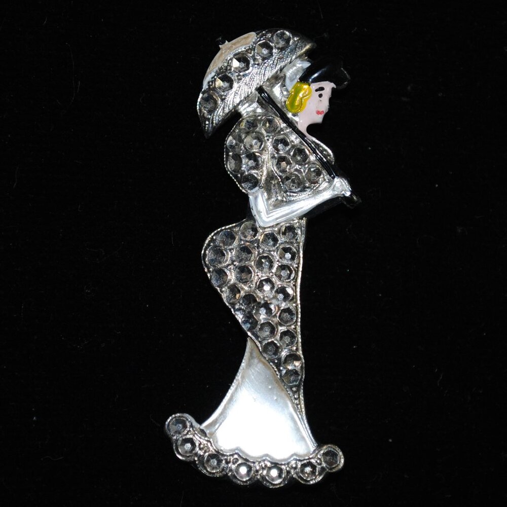 Vintage Strolling Victorian Lady with Parasol Figural Brooch with Enamel Paint